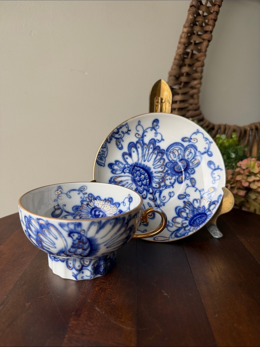Flow Blue Style Russian Porcline Tea Cup and Saucer